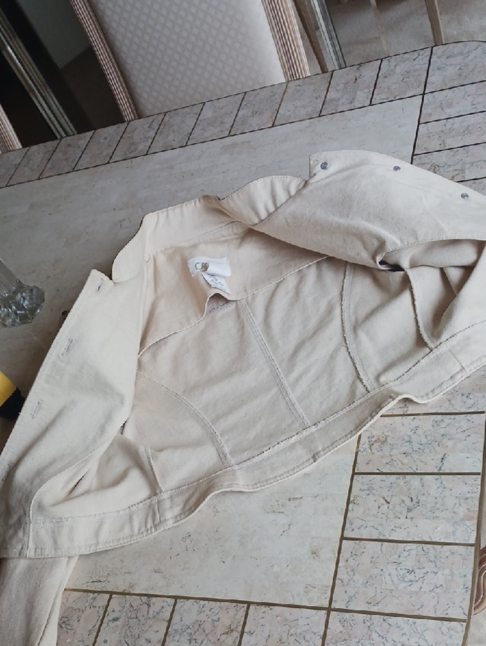 Vintage "Cache" Leather & Cream Cotton Denim Jacket, Metal Studs Detail "NEW" - Picture 10 of 15